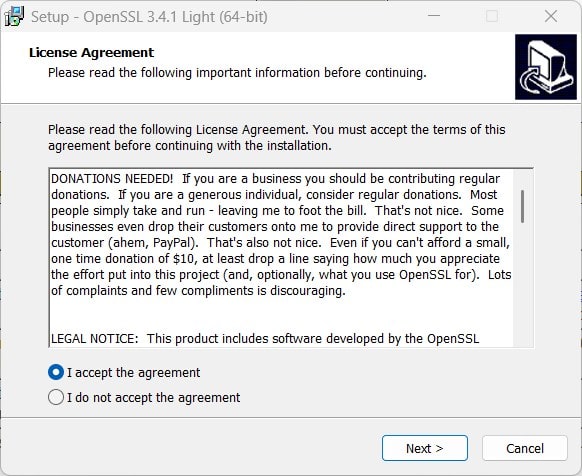 accept the License Agreement OpenSSL