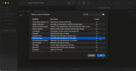 Screenshot of adding the file extension attribute as part for a new Smart Folder in macOS Finder.