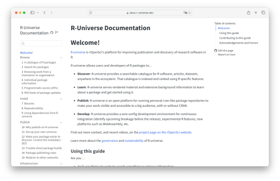 screenshot of r-universe documentation website