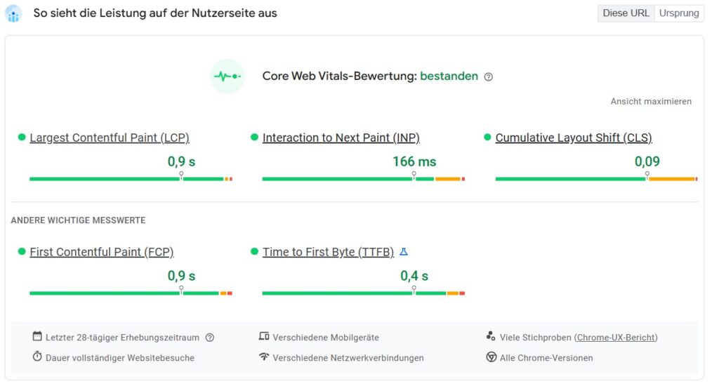 Screenshot einer Auswertung mit Google Page Speed Insights zur Anlalyse der Core Web Vitals.