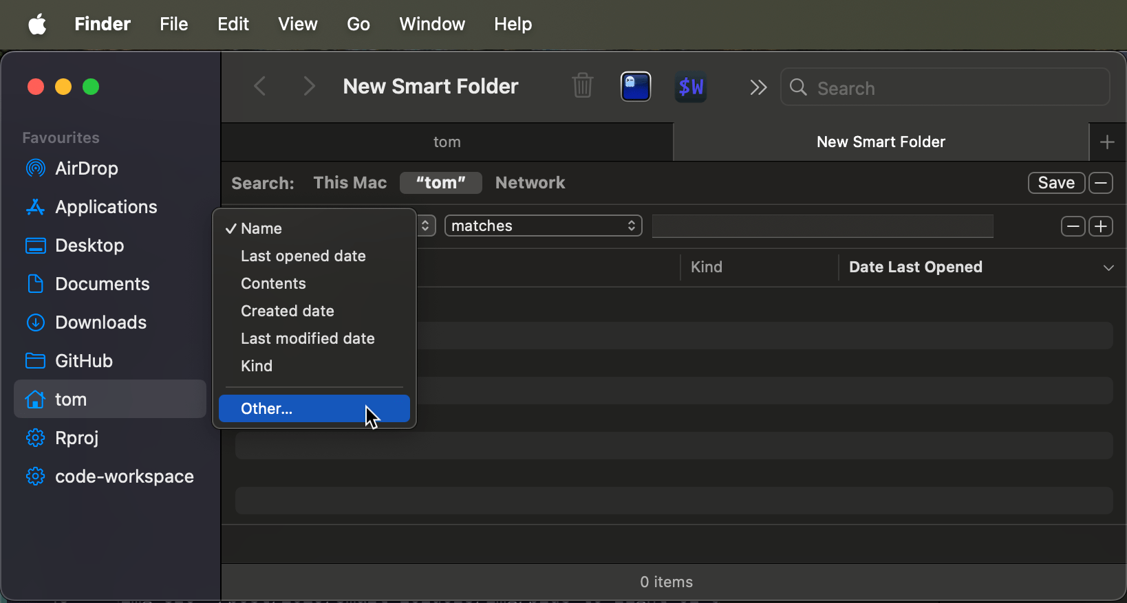 Screenshot of adding a new attribute as part for a new Smart Folder in macOS Finder.