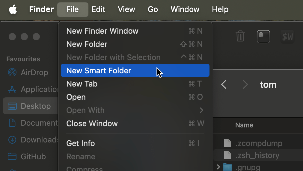 Screenshot of creating a new Smart Folder in macOS Finder.