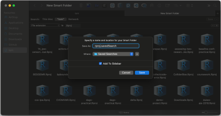 Screenshot of saving the new Smart Folder in macOS Finder.