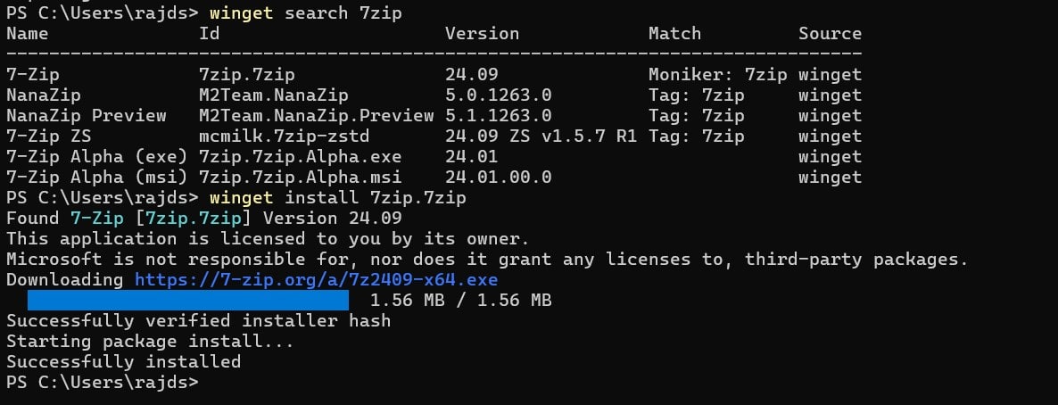 winget install 7zip command