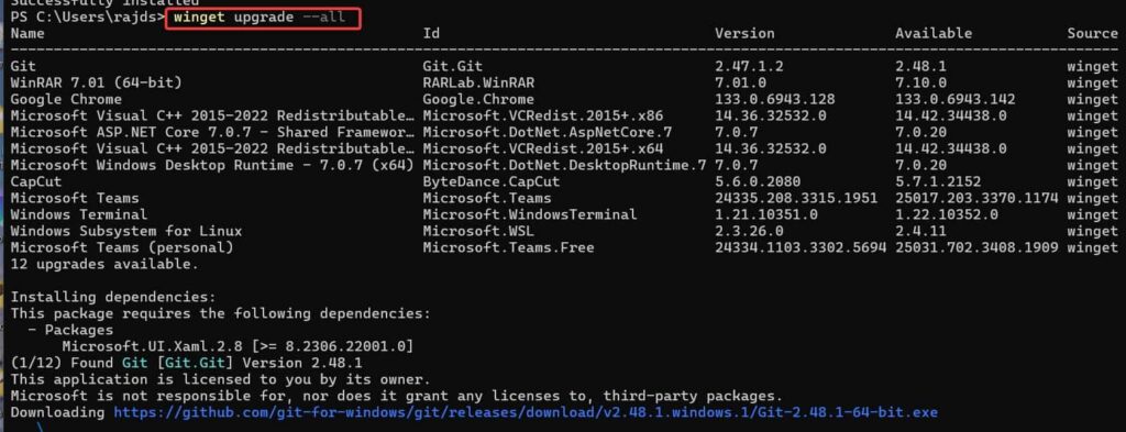 winget upgrade all command for all Windows 11 or 10 applications