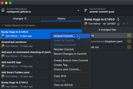 Screenshot of amending a commit in GitHub Desktop.