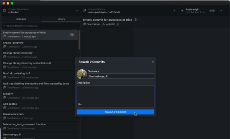 Screenshot of finalising squashed commit in GitHub Desktop.