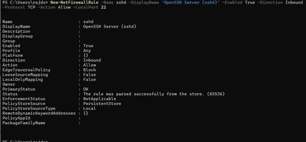 Command to Allow SSH Through Windows Firewall